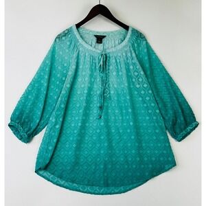 Multiples Womens Ombre Peasant Top Size‎ L Teal Textured Smocked Tasseled Office